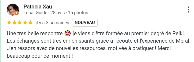 Avis Google 5 étoiles sur le Formation Reiki 77 de Meral Per.